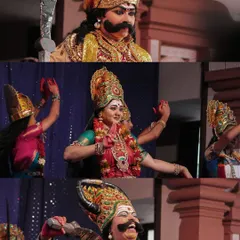 A collage showcasing the powerful expressions and dramatic costumes of performers in a traditional Indian dance drama. I use my camera to freeze these peak moments of the performance.
