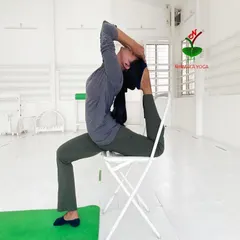 Here is a demonstration of Eka Pada Rajakapotasana (one-legged king pigeon pose) using a chair. The chair provides support and balance, helping you to deepen the stretch in your hips and back safely.