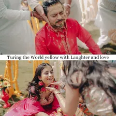 A collage showing the pure, unadulterated fun of a Haldi ceremony, with both the bride and groom getting lovingly covered in turmeric by their families.