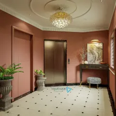 This elegant lift lobby features a classic black-and-white tiled floor, a stunning crystal chandelier, and a chic console table. We designed this space to feel like an extension of the home's luxurious interior.