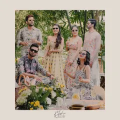 A fun, stylish picnic-themed shoot we conceptualized for a wedding party. The coordinated floral outfits for men and women create a relaxed yet chic vibe, perfect for a daytime Mehendi or welcome brunch.