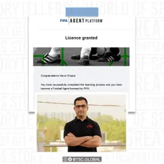 Official, certified, and globally recognized. We are proud to announce that our founder, Varun Chopra, is now a FIFA Licensed Football Agent. This certification ensures we provide our athletes with the highest standard of professional representation.