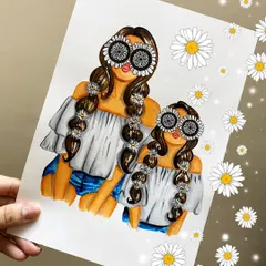 I love creating personalized fashion illustrations like this mother-daughter portrait. Notice the subtle mandala patterns in the sunglasses, a signature touch I can add to make your custom artwork truly unique.