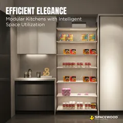 Effective storage is key to a calm kitchen. This image shows a full-height pantry unit with adjustable shelving and integrated lighting, designed to maximize vertical space and keep all your groceries neatly organized and easy to find.