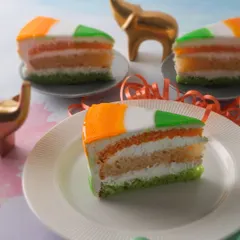 Celebrate with patriotism and flavor with our Republic Day Tiranga Pastry. This slice shows the distinct saffron, white, and green layers, making it a festive and delicious treat.