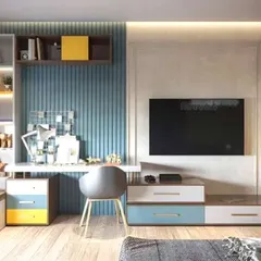 A colorful and functional study wall that includes a desk, TV mount, and plenty of shelving. This design shows how to combine work, entertainment, and storage in one area.