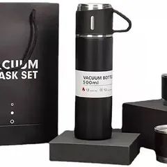 Our vacuum flask sets are a popular choice for a useful and premium corporate gift. This sleek black set includes a 500ml insulated bottle and two matching cups, presented in a stylish, custom-branded gift bag.