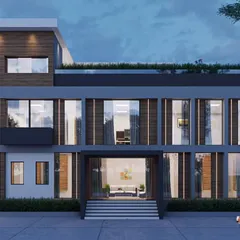 An office building designed with a simple yet elegant modern aesthetic. The facade balances large glass windows for natural light with solid panels and wood accents, creating a professional and contemporary workplace.