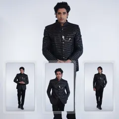 This black bandhgala set is for the man who wants to make a statement without saying a word. The sharp tailoring and sequin detailing offer a modern take on classic Indian menswear.