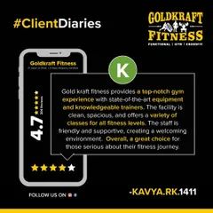 We love hearing from our members. This graphic features a 5-star review from Kavya, who highlights our top-notch equipment, clean facility, variety of classes, and the friendly, welcoming environment our staff creates.