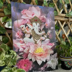 This 23.5x16 inch 3D Lotus Ganesha frame is crafted on an HD canvas print and decorated with hand-embossed jewelry and resin flowers, making it a substantial and heartfelt piece of spiritual art.