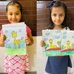 These two young artists did a fantastic job drawing their friendly giraffes. My step-by-step method helps kids build confidence by creating fun and recognizable animal figures.