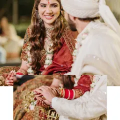 A close-up of the couple's hands clasped together during the ceremony, symbolizing their union, with their happy faces in the background.