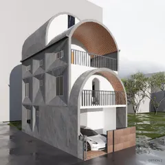An alternative design for the "Vault House" on a 15x40 foot plot. This option explores a series of cascading barrel vaults, creating dramatic interior volumes and balconies within a very narrow footprint.