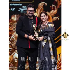 A winning look for a winning couple. I styled Sonal Monteiro and Tharun Sudhir for this award function. Her black ikat saree is paired with a custom blouse I designed, and his all-black suit has a subtle red detail for a pop of color.
