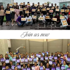 A collage showing two different corporate groups proudly holding up the paintings they created during team-building art workshops.