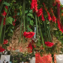 A close-up of the hanging red wisteria, showing the intricate layering of different textures and shades. The inclusion of delicate baby's breath and varied greenery adds depth and a natural feel to this bold floral statement piece.