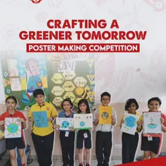 Our Earth Day Poster Making Competition, themed "Crafting a Greener Tomorrow," empowers students to use art as a medium for advocacy. This image shows proud participants with their creations, highlighting their commitment to environmental consciousness.