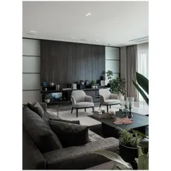This perspective shows the integration of greenery and layered textures within the living space. I believe plants are essential for bringing life and tranquility into a modern home interior.