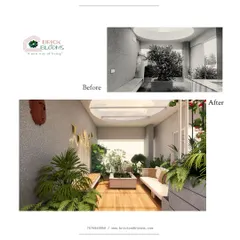 A complete terrace transformation from a bare, unused space to a lush, modern oasis. The new design features warm wood flooring, built-in planters filled with ferns and tropical plants, and comfortable bench seating, making it a true extension of the living area.