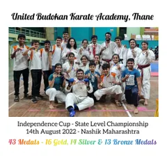 A proud team photo from the Independence Cup State Level Championship in 2022. This graphic celebrates the collective achievement of our Thane academy students, who secured 43 medals for UBKA.