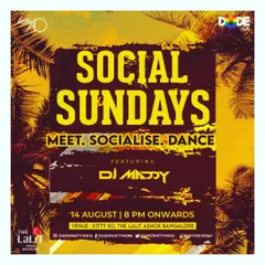 This flyer for 'Social Sundays' at The Lalit Ashok, one of Bangalore's top hotels, showcases my residency at premium nightlife spots.