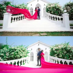 For couples who dream of a fairytale, I create scenes straight out of a movie. This shot, with its dramatic flowing gown against a pristine white backdrop, showcases a glamorous and elegant pre-wedding photography style.