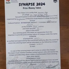 The prize money token from the SYNAPSE 2024 cultural festival. While the prize is appreciated, the experience of performing and sharing my music is the true reward.