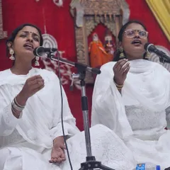 The journey of a student culminates in moments like these. Here, two of my disciples, the Nair sisters, perform together at our Swarveni Utsav, their voices united in harmony. This is the beauty of the Guru-Shishya parampara, where dedication blossoms into artistry.