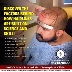 A natural hairline is built on science and skill. This image shows the key factors I consider, including surgeon experience, follicle angle, density, and graft types, to create a seamless and undetectable result.