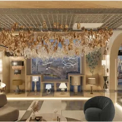 This lounge area within the showroom is designed to showcase decorative lighting in a comfortable, residential-style setting. A massive, artistic chandelier serves as the centerpiece, demonstrating its potential scale and impact.