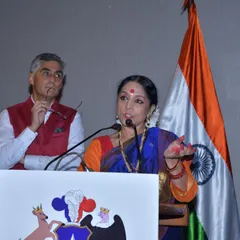 Addressing the audience at the National Day ceremony of the Embassy of Chile. I spoke about our special choreographic presentation, which was inspired by a student exchange program between Triveni Kala Sangam and a Chilean dance troupe.