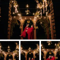 A dramatic night-time pre-wedding collage, where the groom carries his bride under a canopy of romantic string lights.