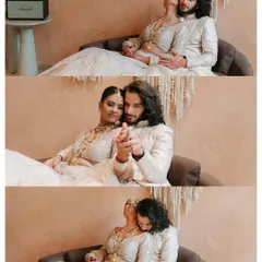 A collage of intimate moments between a couple in beautiful coordinated traditional outfits. This shows how we can create a variety of romantic shots within a single elegant setup.