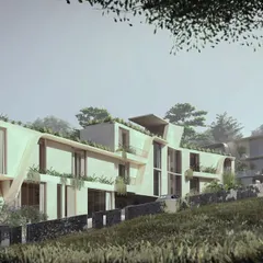 Our Moira Homes project in Goa is inspired by its sloping site. The design features inclined reveals and large overhangs for privacy and shading, allowing the homes to sit lightly on the landscape with minimal excavation.