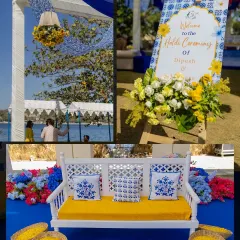 The decor included a custom welcome sign with a blue and white tile print, and a comfortable swing-style seat for the couple, adorned with matching cushions.