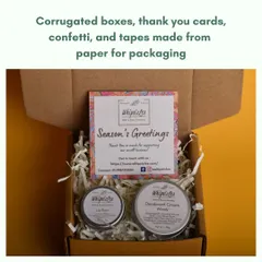 Our packaging is plastic-free from start to finish. We use sturdy corrugated boxes, thank you cards made from recycled paper, and paper-based confetti and tape to secure your order.
