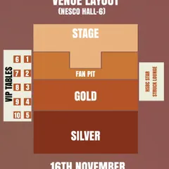 A clear and simple venue layout for the Akon show at NESCO Hall. This guide helps attendees easily find their section, whether it's Silver, Gold, the Fan Pit, or the VIP Lounge.