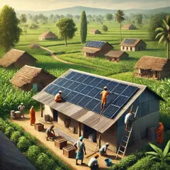 An illustration of a solar-powered village. This is my vision: empowering rural India with clean, sustainable energy. My black monocrystalline panels are perfect for high-efficiency rural installations.