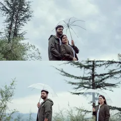 Overcast, rainy days provide beautiful, soft light that is perfect for portraits. This collage shows how we pose couples both together and individually in these conditions, using a simple umbrella as a prop to add to the story of a cozy day in the mountains.