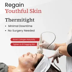 This image shows the ThermiTight procedure, a non-surgical treatment to tighten and lift sagging skin. It works by using radiofrequency energy to boost collagen production naturally with minimal downtime.