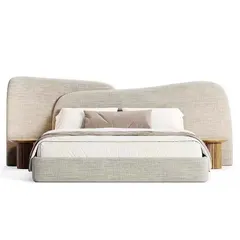 A bed designed for serene comfort, featuring a uniquely shaped, asymmetrical headboard upholstered in a soft, textured fabric. Paired with simple, fluted wood nightstands, this design creates a calm and stylish focal point.
