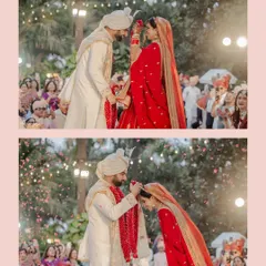The Varmala exchange, a pivotal moment where two lives join. I love the shower of petals and the loving gaze between the couple.