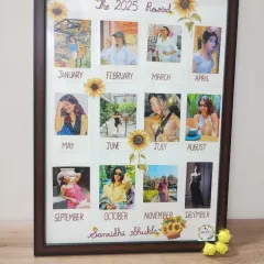 A full view of a "2025 Rewind" calendar frame I made for actress Samriddhi Shukla. The design features a photo for each month and is accented with a sunflower theme, her favorite.