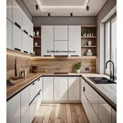 A beautiful U-shaped kitchen that combines clean white cabinets with warm wood countertops and flooring. I used track lighting and under-cabinet LEDs to ensure the space is well-lit and feels welcoming.