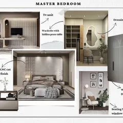 A mood board for a master bedroom, detailing a study table, a wardrobe with a hidden press table, and a back wall with CNC cut and Duco paint finish. This is the blueprint for creating a personalized and luxurious sanctuary.