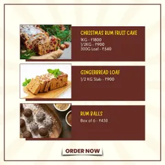 My winter menu features festive favourites like the Christmas Rum Fruit Cake, Gingerbread Loaf, and Rum Balls. Everything you need to make your holiday celebrations sweet.