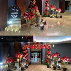 This collage shows the complete entrance decor. It features a personalized mirrored welcome sign, candlelit pathways, and a stunning red floral arch, all working together to create a luxurious and inviting entryway.
