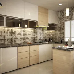 A modern modular kitchen design for a penthouse. It features a striking geometric-patterned backsplash, a combination of glossy white and wood-finish cabinets, and a functional breakfast counter.