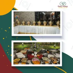 A comparison of two distinct setups: a formal indoor buffet with elegant brass chafing dishes and a more relaxed outdoor spread with a variety of salads and main courses.
